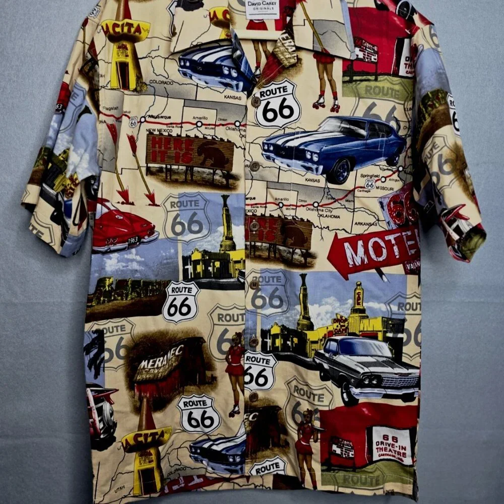DAVID CAREY Originals Button Down Route 66 Size Medium Cotton Rayon
